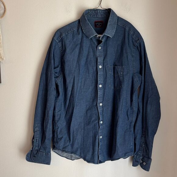 Untuckit Mitchell chambray Men's Indigo Button Down Shirt Classic large GUC - Picture 1 of 7